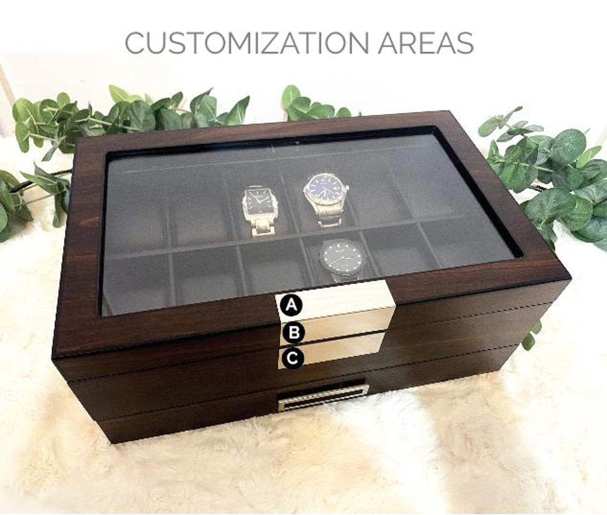 Custom engraved watch box for men with valet tray drawer displays 12 watches-personalized father's day gift