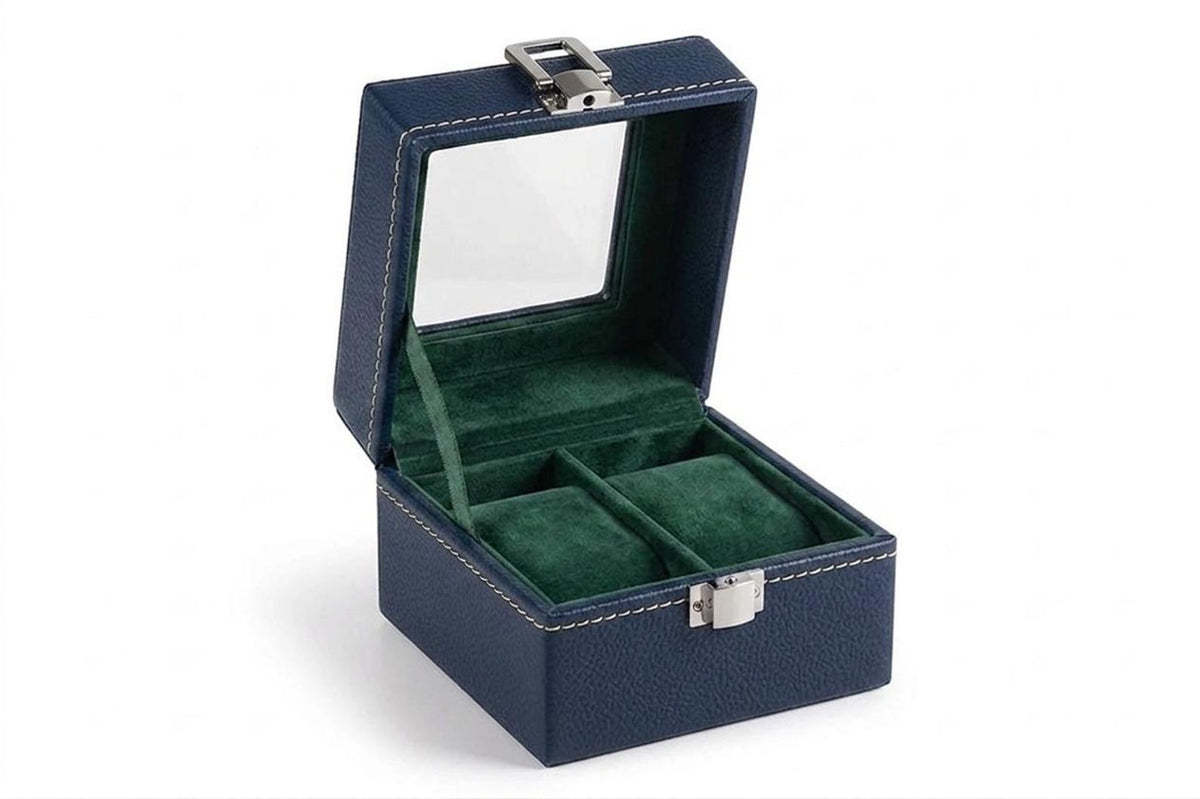 Leather Watch Box Organizer, 2-Slot Display Case with Glass Window, Velvet Lining, Clasp Lock