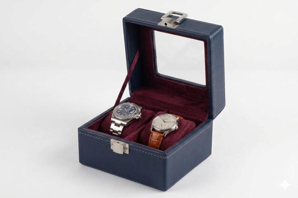 Leather Watch Box Organizer, 2-Slot Display Case with Glass Window, Velvet Lining, Clasp Lock