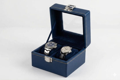 Leather Watch Box Organizer, 2-Slot Display Case with Glass Window, Velvet Lining, Clasp Lock