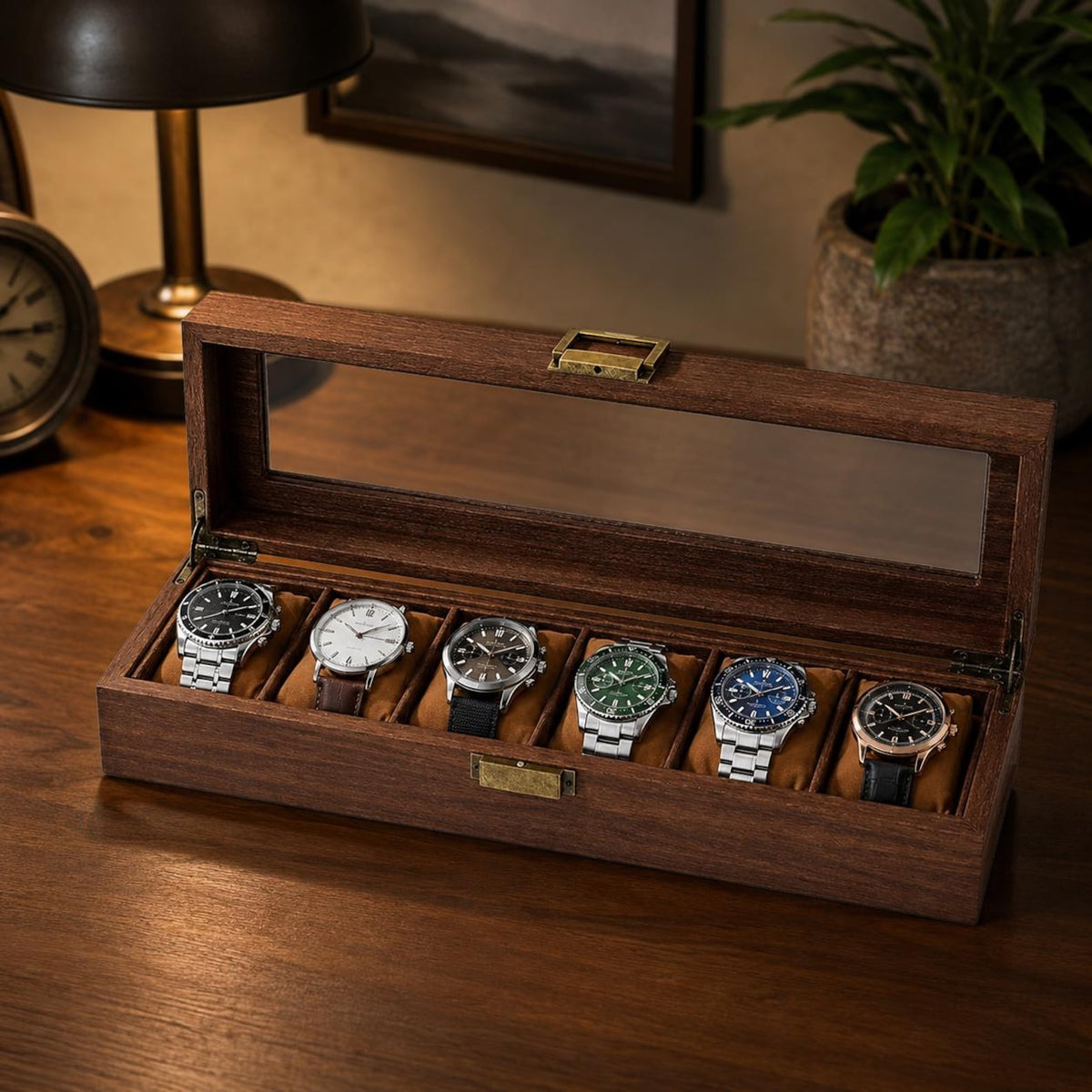 Wooden Watch Box Organizer, 6 Slot Display Case, Glass Top Storage for Men