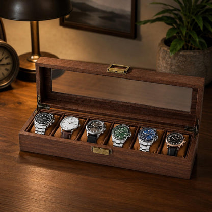 Wooden Watch Box Organizer, 6 Slot Display Case, Glass Top Storage for Men