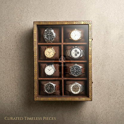 Wooden Watch Box, 8 Slot Organizer, Rosewood, Brass Inlay, Glass Lid