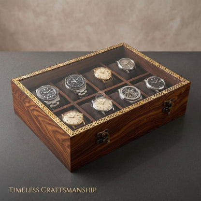 Wooden Watch Box, 8 Slot Organizer, Rosewood, Brass Inlay, Glass Lid