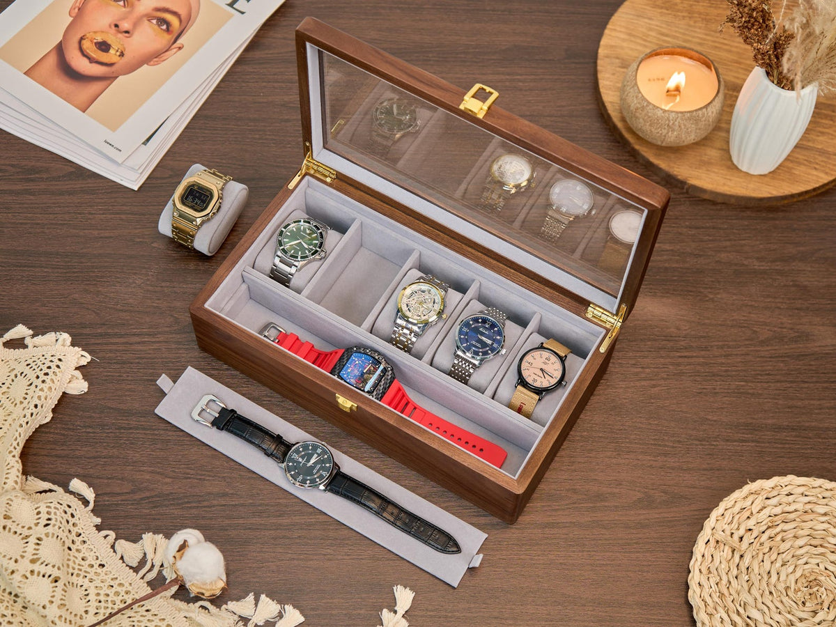 Wooden Watch Box for Men, Watch Organizer Case with Glass Lid, Luxury Wood Watch Storage Display, Custom Gift for Husband Dad Boyfriend