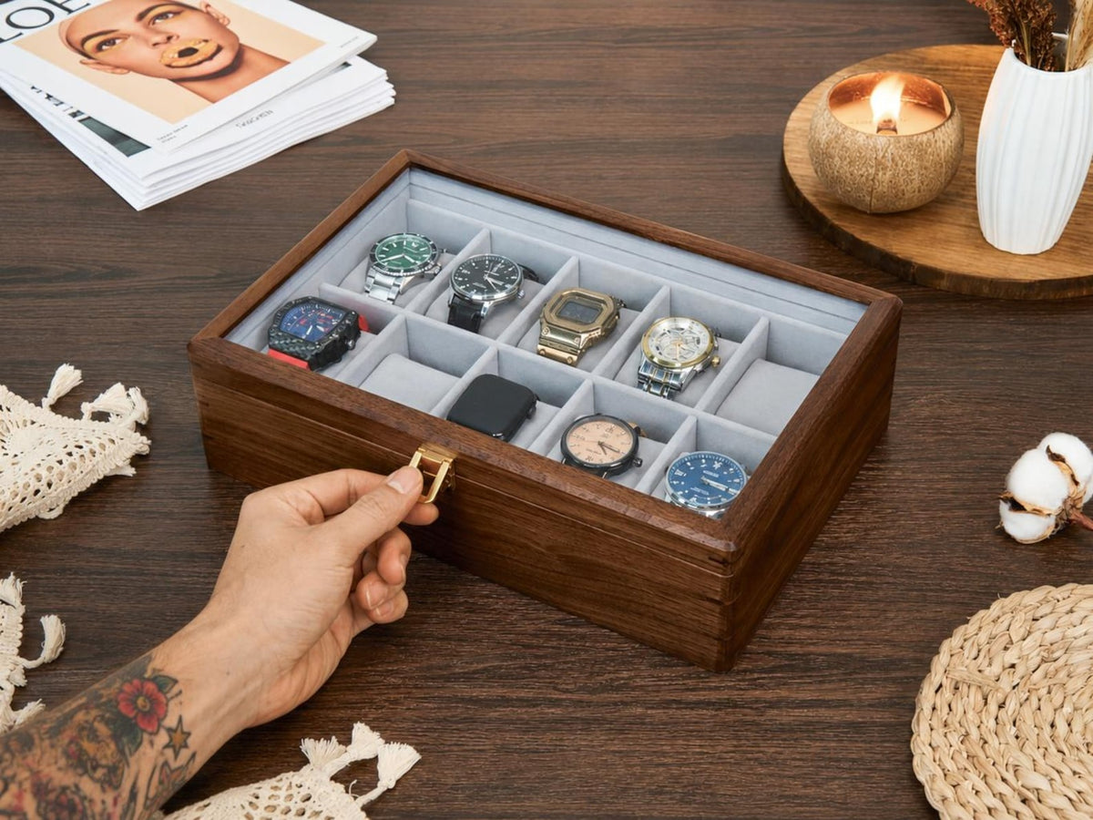 Wooden Watch Box for Men, Watch Organizer Case with Glass Lid, Luxury Wood Watch Storage Display, Custom Gift for Husband Dad Boyfriend
