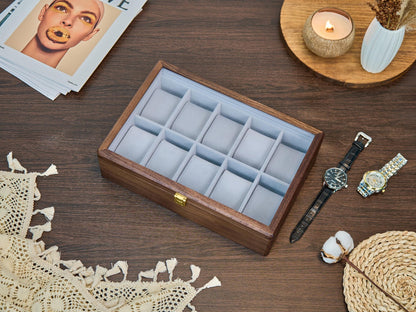 Wooden Watch Box for Men, Watch Organizer Case with Glass Lid, Luxury Wood Watch Storage Display, Custom Gift for Husband Dad Boyfriend
