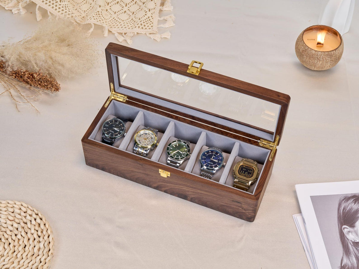 Wooden Watch Box for Men, Watch Organizer Case with Glass Lid, Luxury Wood Watch Storage Display, Custom Gift for Husband Dad Boyfriend