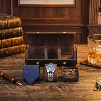 Personalized Vintage Leather Watch Case, Tie Organizer for Men, Custom Travel Watch Roll, Mens Cufflink Storage, Birthday Gift for Husband