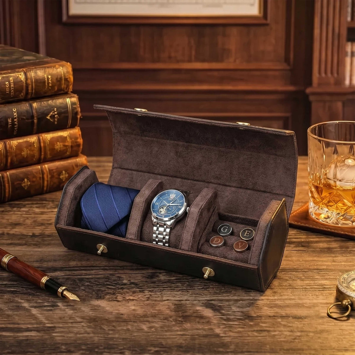 Personalized Vintage Leather Watch Case, Tie Organizer for Men, Custom Travel Watch Roll, Mens Cufflink Storage, Birthday Gift for Husband