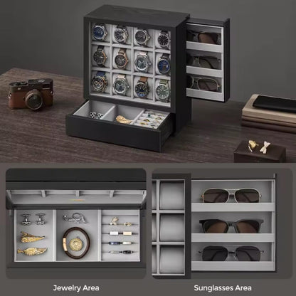Elegant Vertical Wood 12-Slot Watch Box and Display Gallery Exhibition Storage Case for Watch Collectors, Businesses and Individuals.