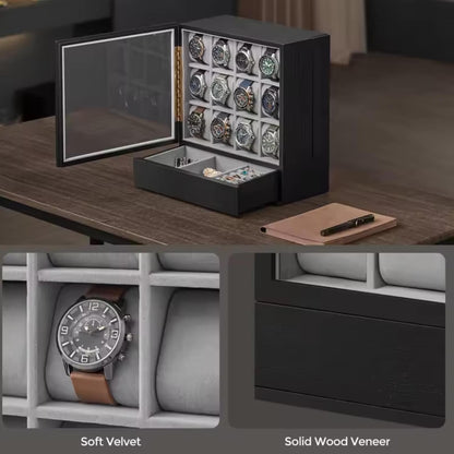 Elegant Vertical Wood 12-Slot Watch Box and Display Gallery Exhibition Storage Case for Watch Collectors, Businesses and Individuals.