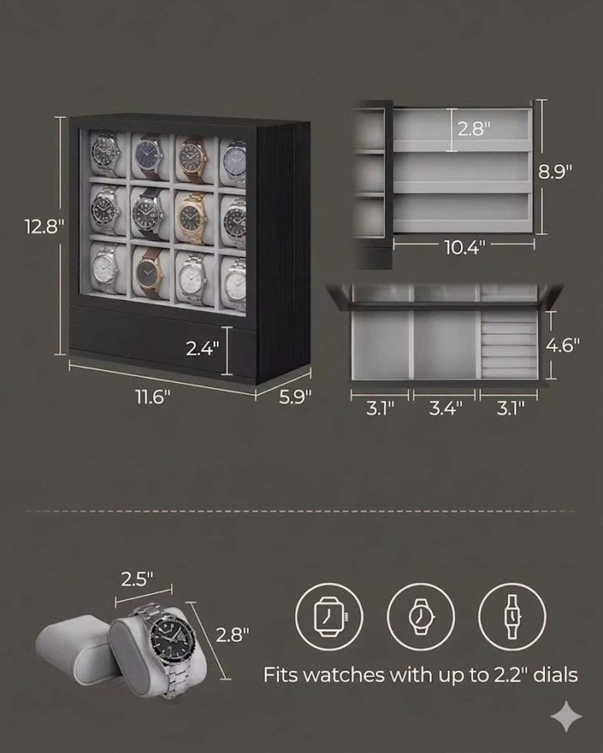 Elegant Vertical Wood 12-Slot Watch Box and Display Gallery Exhibition Storage Case for Watch Collectors, Businesses and Individuals.
