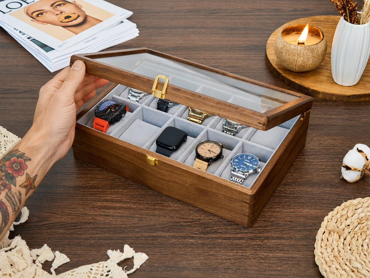 Personalized Wooden Watch Box for Men, Large Custom Engraved Watch Organizer, Luxury Walnut Wood Watch Storage Case, Handmade gift for him