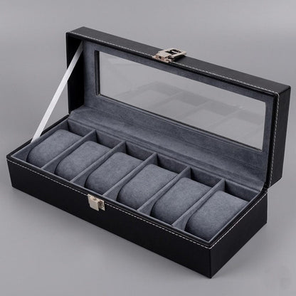 6 Slot Leather Watch Box Organizer, Glass Top Display Storage Case