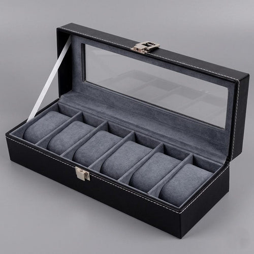 6 Slot Leather Watch Box Organizer, Glass Top Display Storage Case