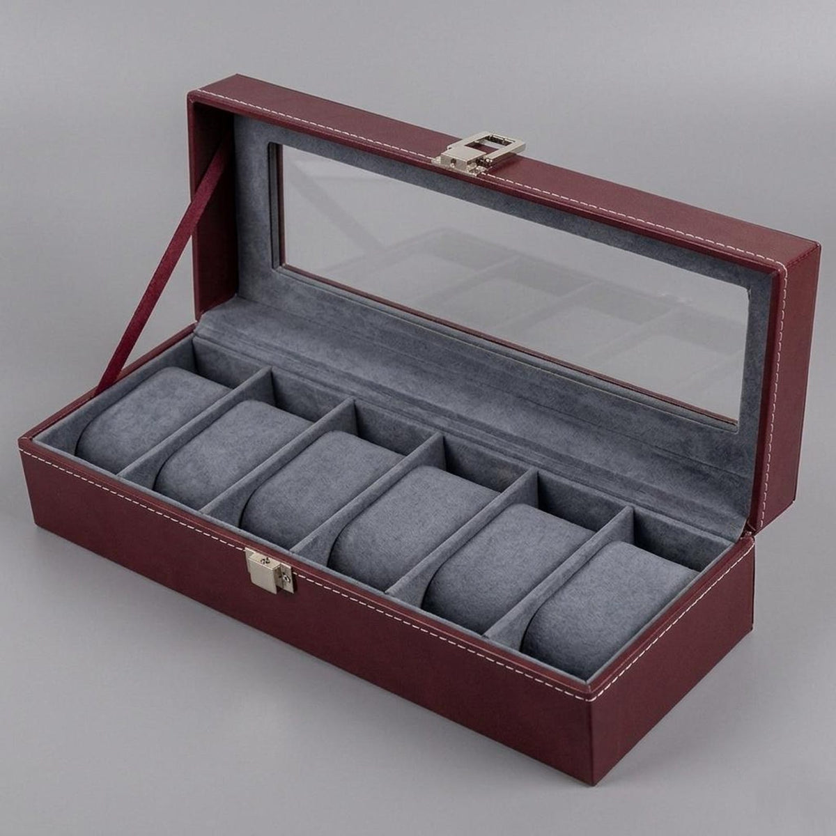 6 Slot Leather Watch Box Organizer, Glass Top Display Storage Case