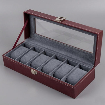 6 Slot Leather Watch Box Organizer, Glass Top Display Storage Case