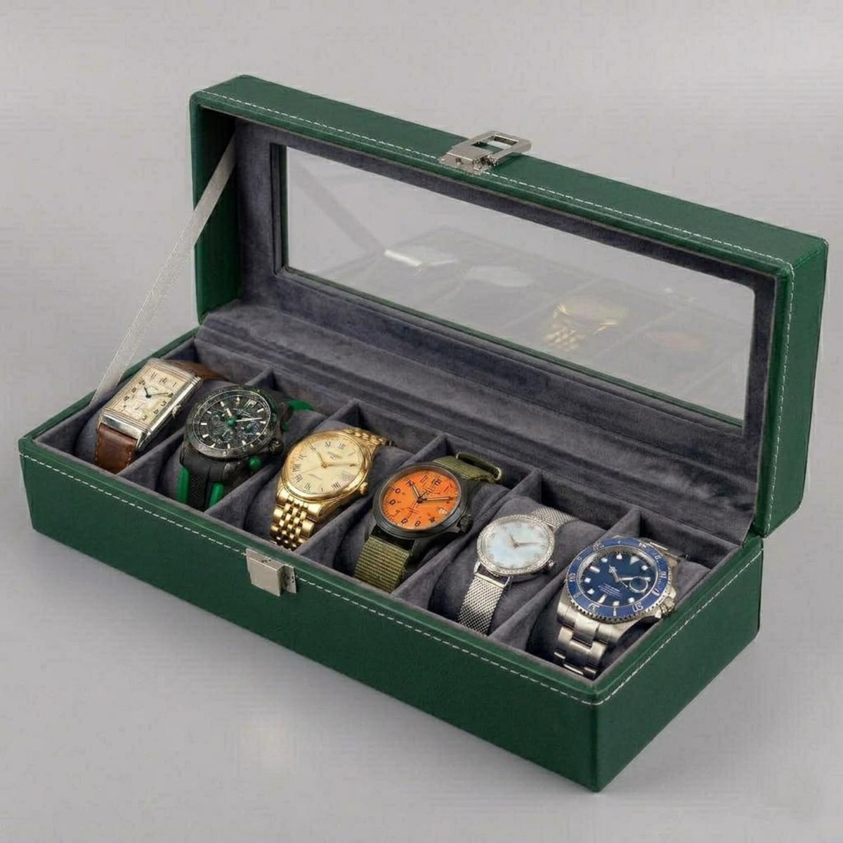 6 Slot Leather Watch Box Organizer, Glass Top Display Storage Case