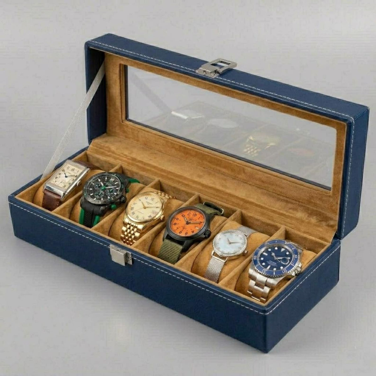 6 Slot Leather Watch Box Organizer, Glass Top Display Storage Case