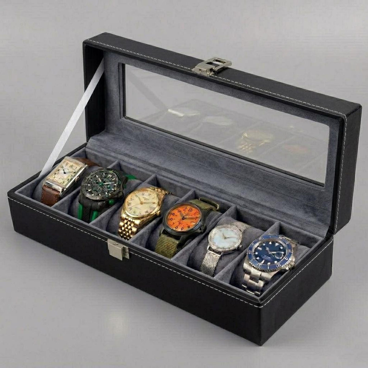 6 Slot Leather Watch Box Organizer, Glass Top Display Storage Case