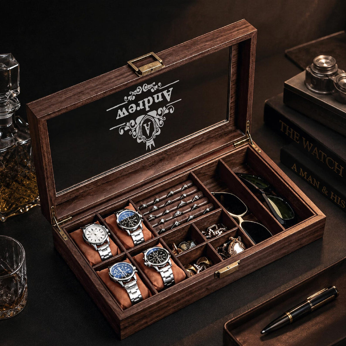 Custom Mens Storage Box,Men's Jewelry Box,Personalized Watch Box Holds Watches, Cufflinks, Sunglasses & More,Vintage Mens Gift,Gifts For Him