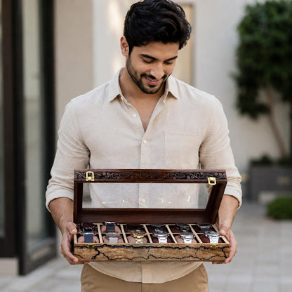 Handcrafted Rosewood Watch Box – Engraved Glass Display Organizer for Men