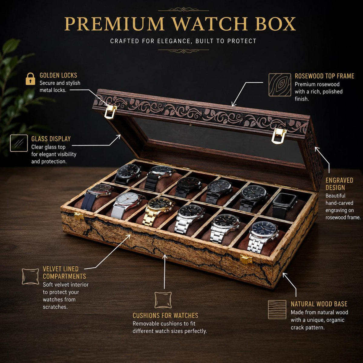 Handcrafted Rosewood Watch Box – Engraved Glass Display Organizer for Men