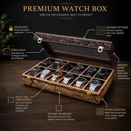 Handcrafted Rosewood Watch Box – Engraved Glass Display Organizer for Men