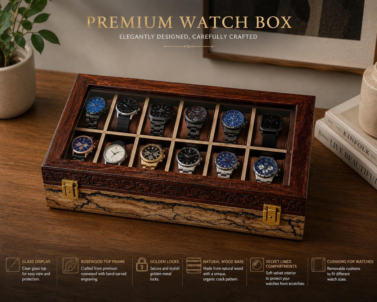 Handcrafted Rosewood Watch Box – Engraved Glass Display Organizer for Men