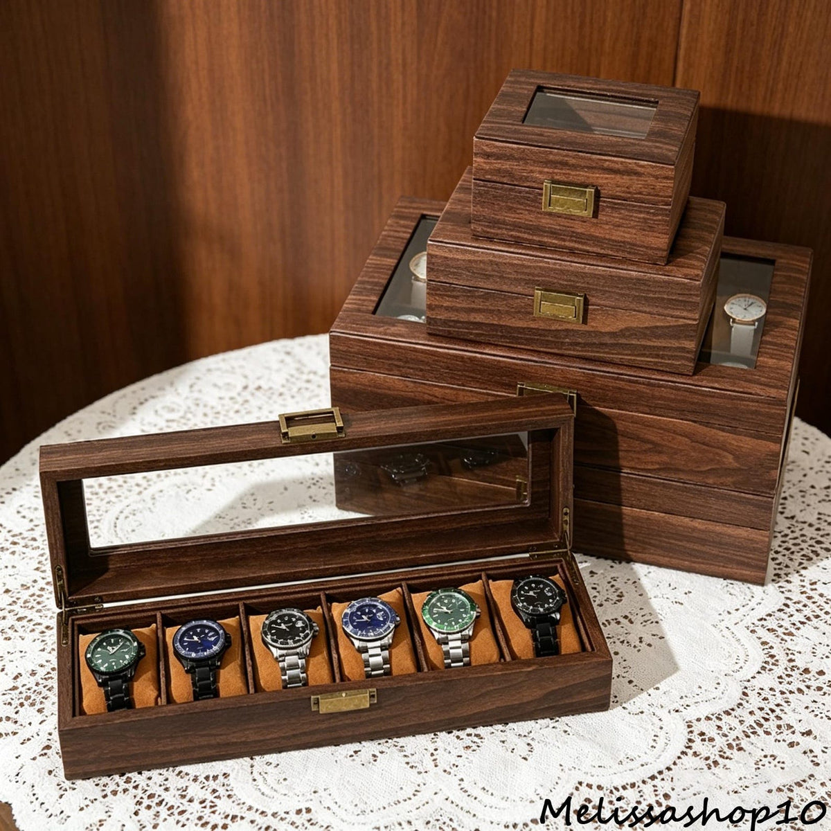 Vintage Wood Grain PU Leather Watch Box, Multi Slot Dustproof Case, Watch and Jewelry Organizer, Display Storage, Velvet Lined, Xmas Gifts.
