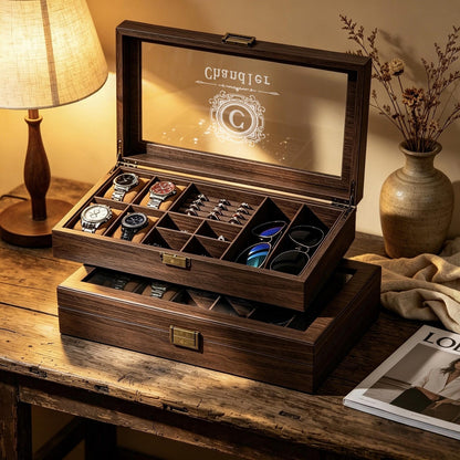 Personalized Mens Watch Storage Box For Groomsmen Proposal Gift, With Sunglasses Jewelry Organizer, Wedding Bachelor Party Gift For Men