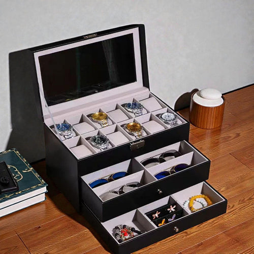 Luxury 12-Slot Watch Box with 2 Drawer Valet Case | 3-Tier Black Leather Watch Box | Mega Display Box for Sunglasses, Rings & Cufflinks