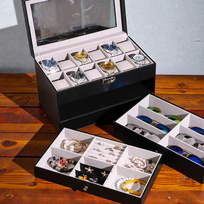 Luxury 12-Slot Watch Box with 2 Drawer Valet Case | 3-Tier Black Leather Watch Box | Mega Display Box for Sunglasses, Rings & Cufflinks