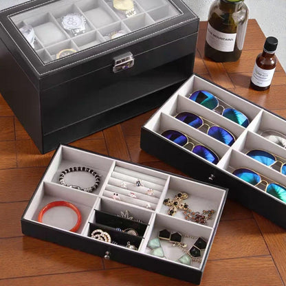 Luxury 12-Slot Watch Box with 2 Drawer Valet Case | 3-Tier Black Leather Watch Box | Mega Display Box for Sunglasses, Rings & Cufflinks