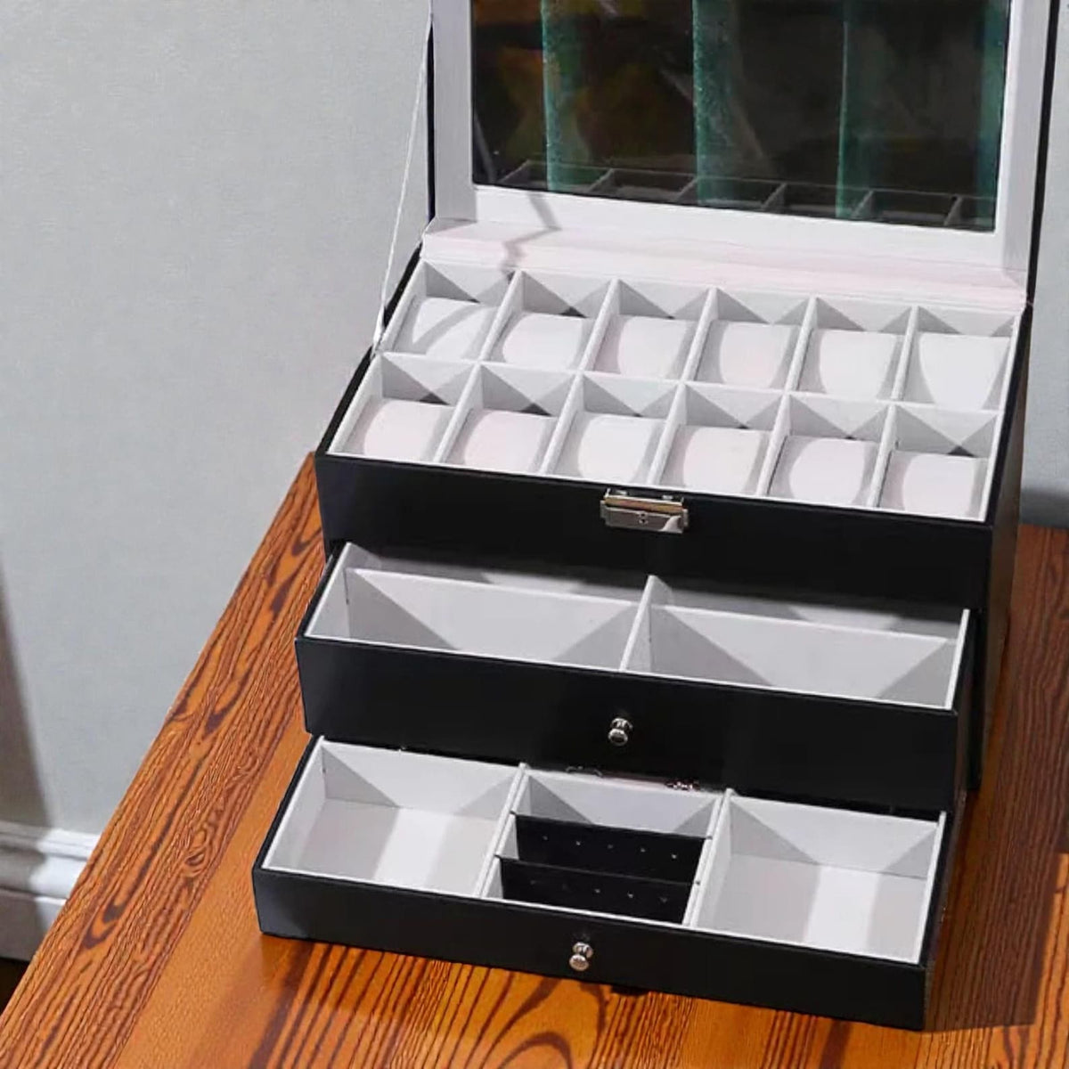 Luxury 12-Slot Watch Box with 2 Drawer Valet Case | 3-Tier Black Leather Watch Box | Mega Display Box for Sunglasses, Rings & Cufflinks