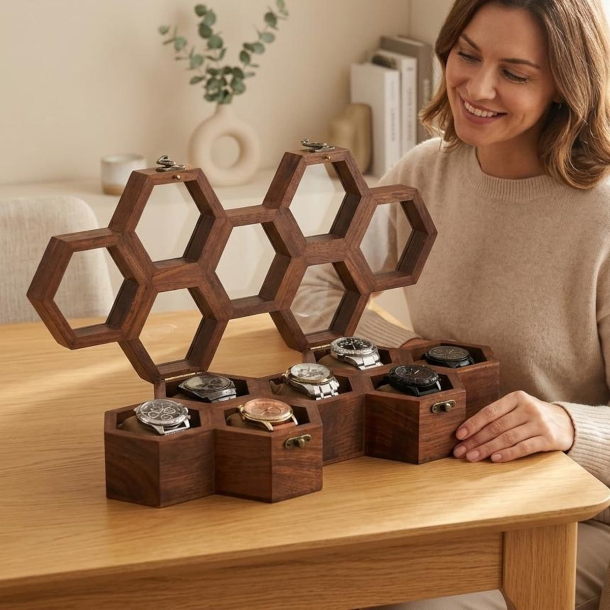 Honeycomb Wooden Watch Box | Handcrafted Hexagon Organizer