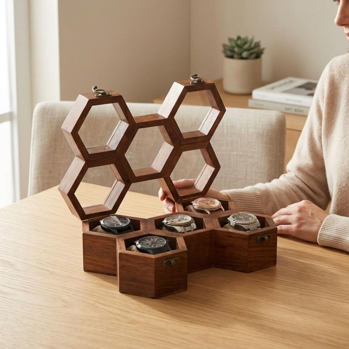 Honeycomb Wooden Watch Box | Handcrafted Hexagon Organizer