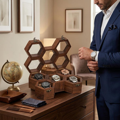 Honeycomb Wooden Watch Box | Handcrafted Hexagon Organizer