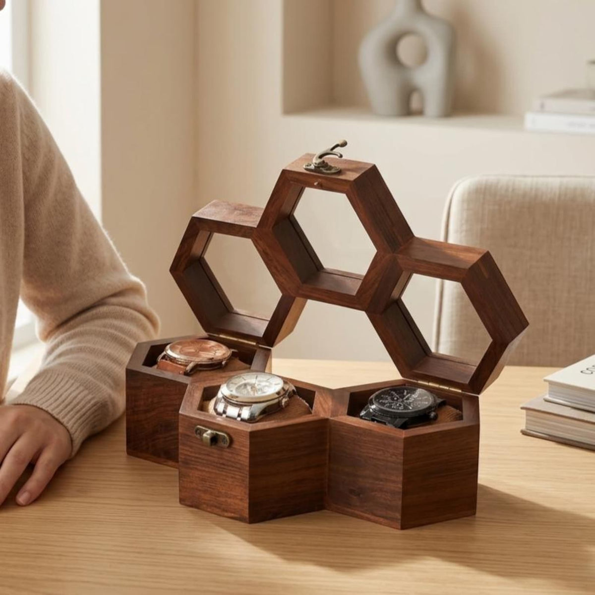 Honeycomb Wooden Watch Box | Handcrafted Hexagon Organizer