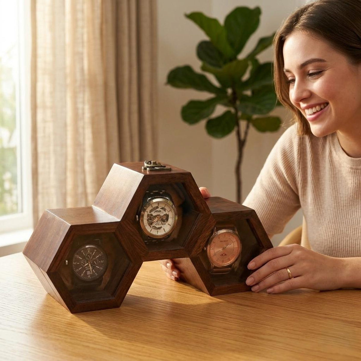 Honeycomb Wooden Watch Box | Handcrafted Hexagon Organizer