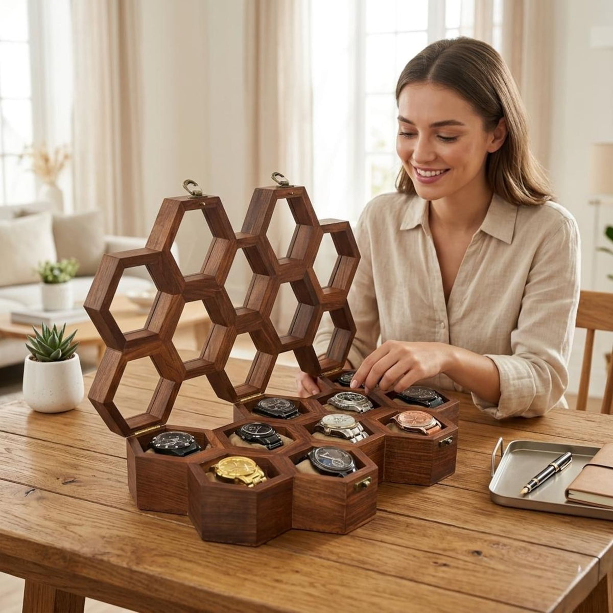 Honeycomb Wooden Watch Box | Handcrafted Hexagon Organizer