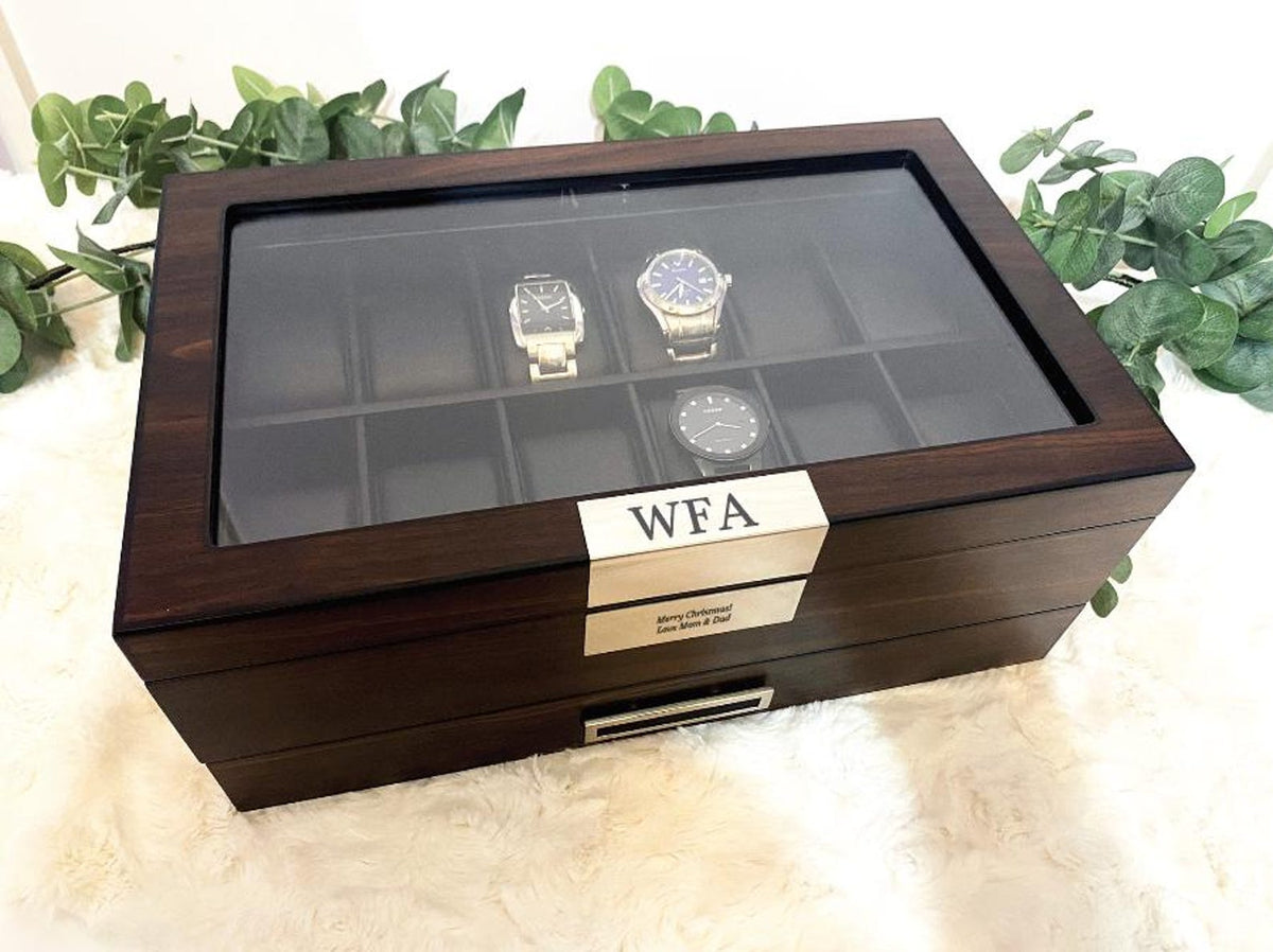 Custom engraved watch box for men with valet tray drawer displays 12 watches-personalized father's day gift
