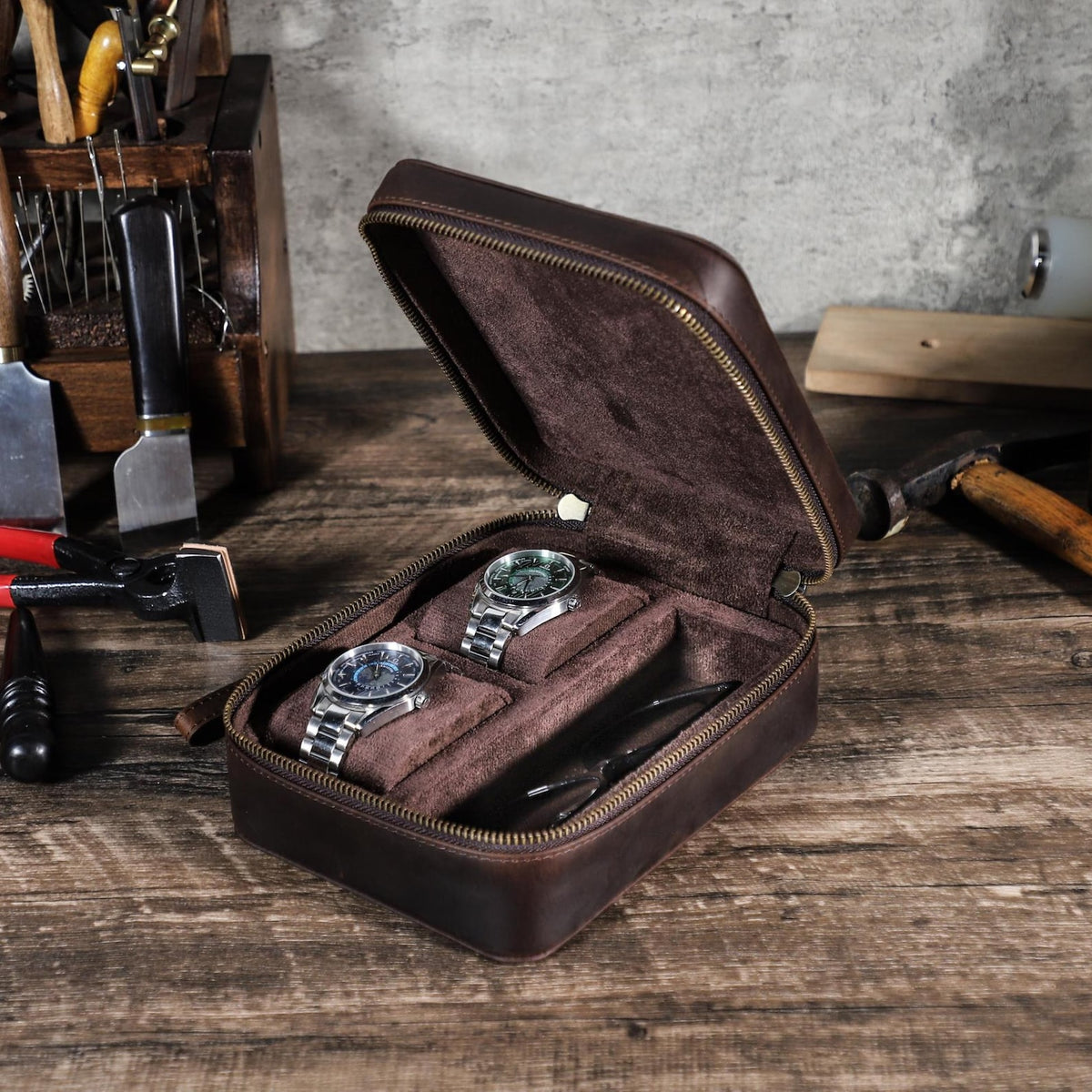 Engraved leather watch case, custom watch travel case, Watch and sunglasses box, Watch jewelry box for men, Father's day gift