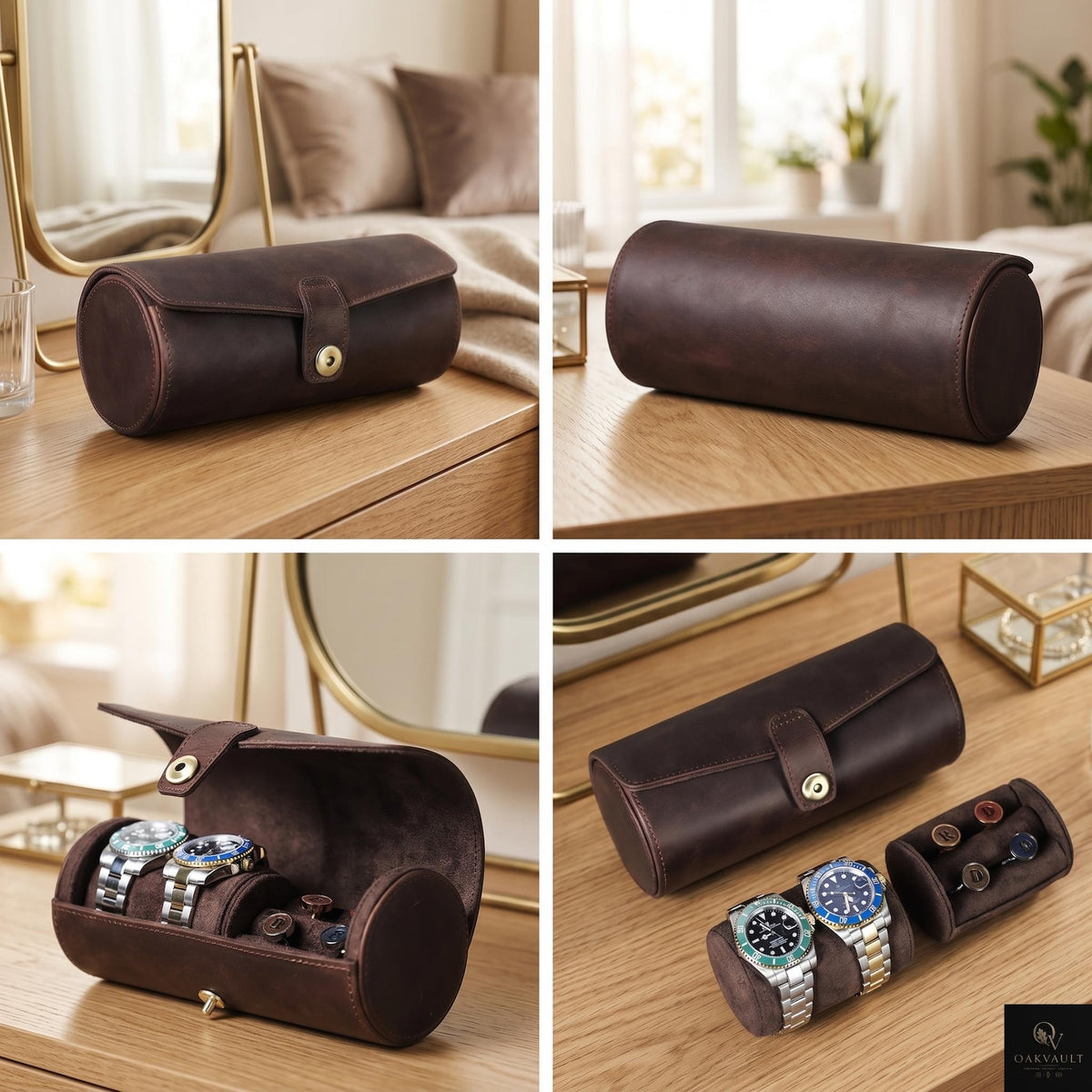 Leather Watch Roll Organizer, Luxury Travel Jewelry Storage Case