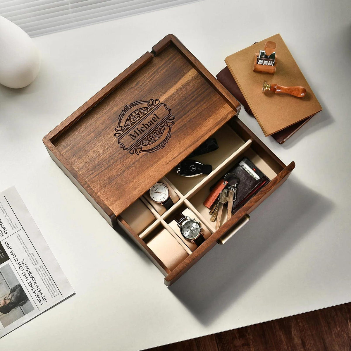 Custom Dresser Organizer for Son Graduation Gift Wooden Accessory Storage Tray Personalized Watch Valet Box Adult Milestone