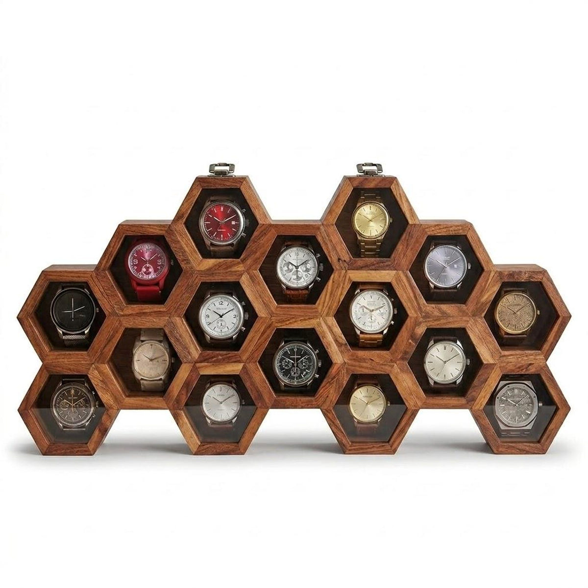 Personalized Hexagon Wooden Watch Box, 16-Compartment Display Case (Glass Lid)