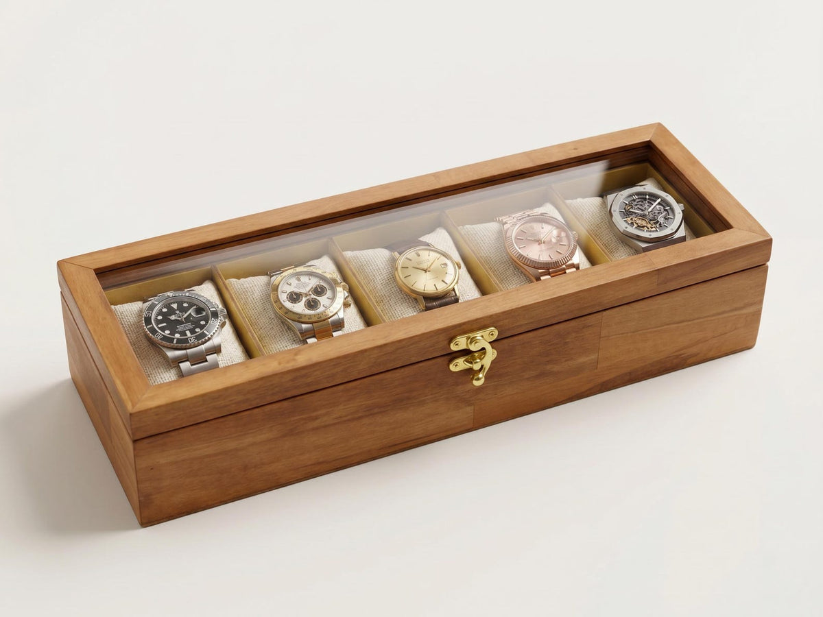 Custom Wood Watch Box with Glass Top - 3, 5 or 10 Slot Compartments, Display Case Storage Organizer Gift for Him
