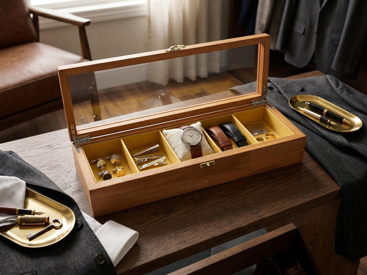 5 Watch Box for Women and Men, Glass Top Display Case, Wooden Watch Holder Storage Organizer Gift
