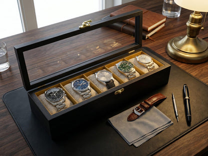 5 Watch Box for Women and Men, Glass Top Display Case, Wooden Watch Holder Storage Organizer Gift